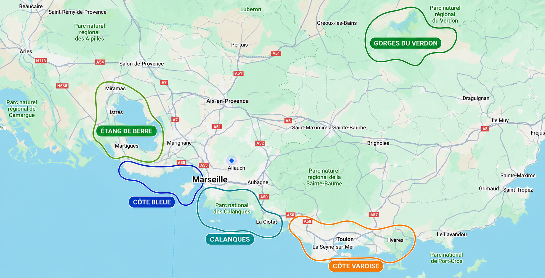 Carte des zones de navigation Odyssée Bleue sur la côte méditerranéenne